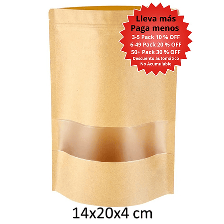 50 Bolsas papel Kraft 14x20x4 cm con ventana cierre hermético
