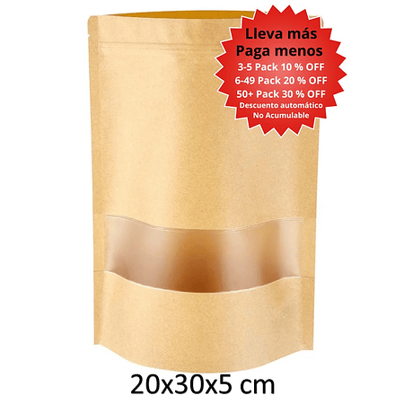 50 Bolsas papel Kraft 20x30x5 cm Cierre Hermético