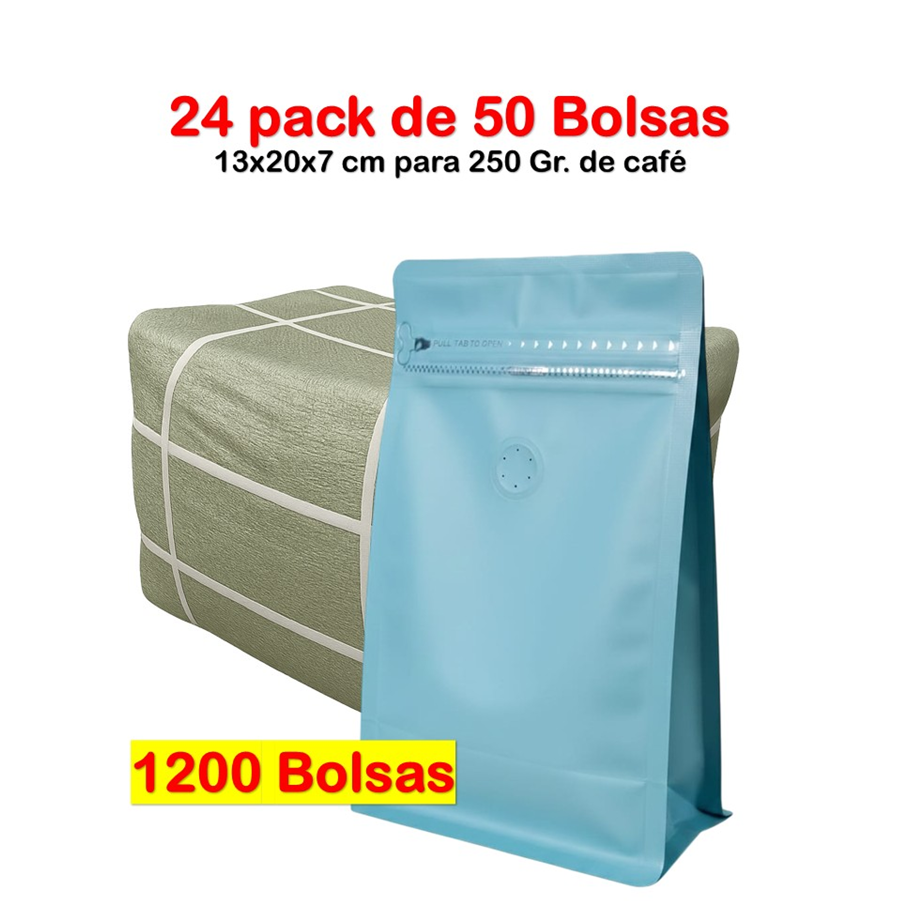 Embalaje 1200 bolsas para 250 grs de café Aluminio Celeste