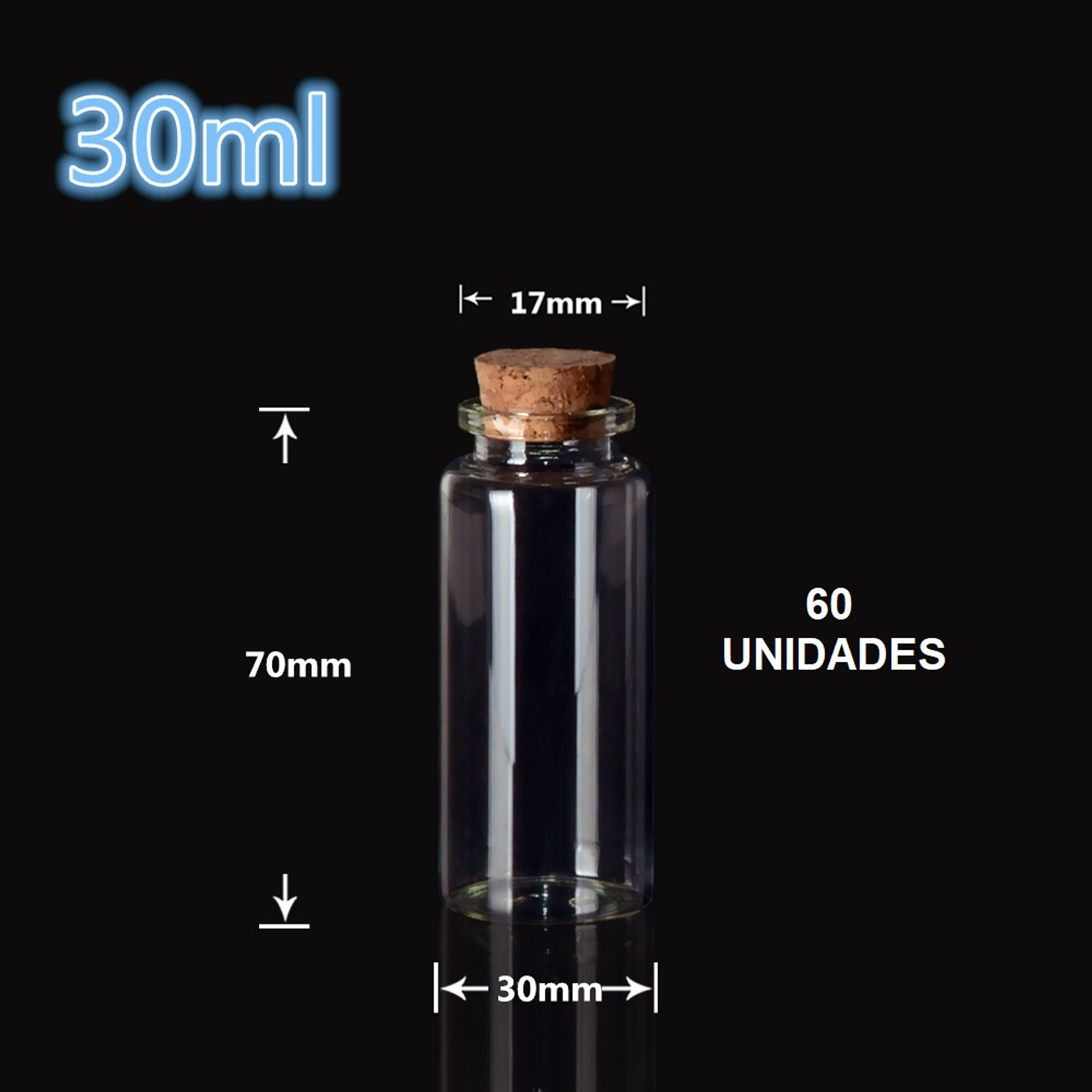 60 Mini Frascos 30x70 mm Vidrio Corcho 30 ml