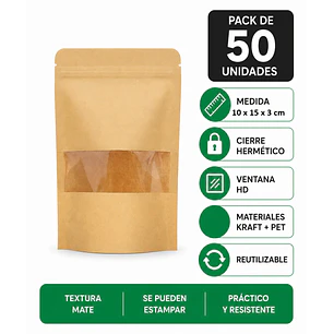 50 Bolsas papel Kraft 10x15x3 cm con ventana cierre hermético