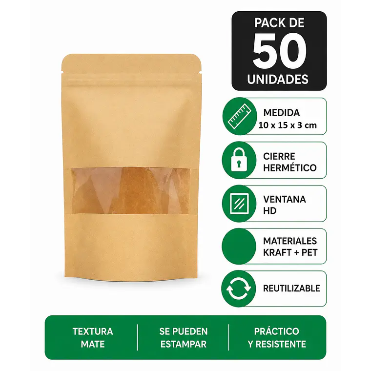 50 Bolsas papel Kraft 10x15x3 cm con ventana cierre hermético 1