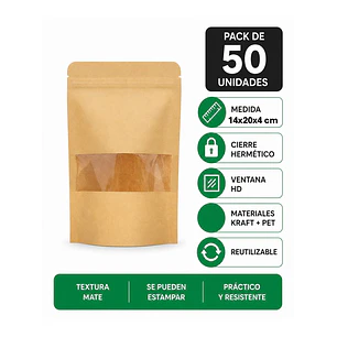 50 Bolsas papel Kraft 14x20x4 cm con ventana cierre hermético