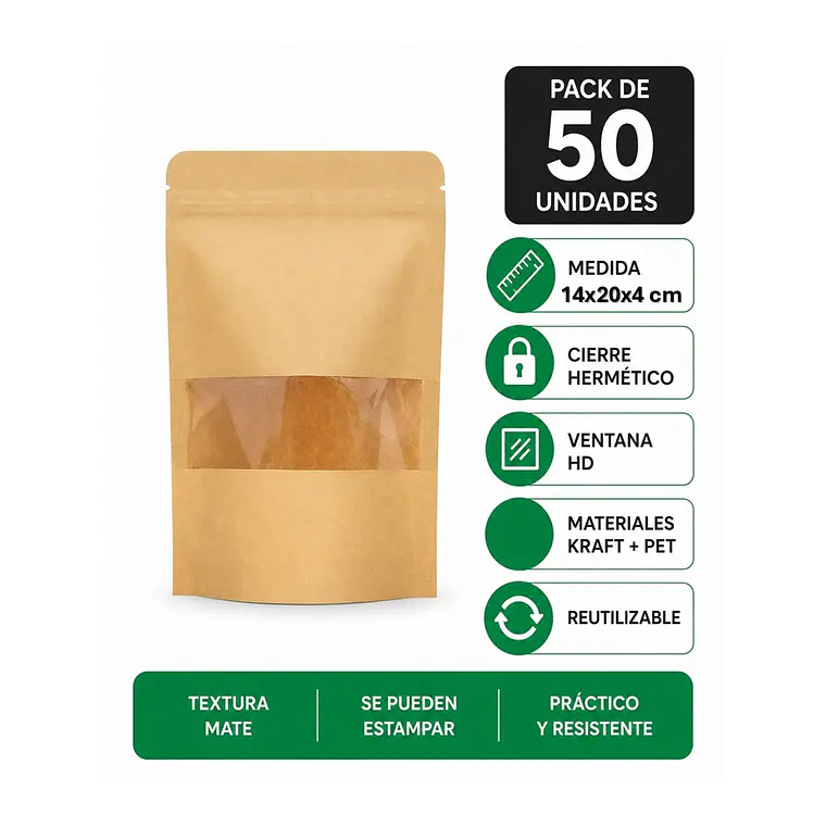 50 Bolsas papel Kraft 14x20x4 cm con ventana cierre hermético 1