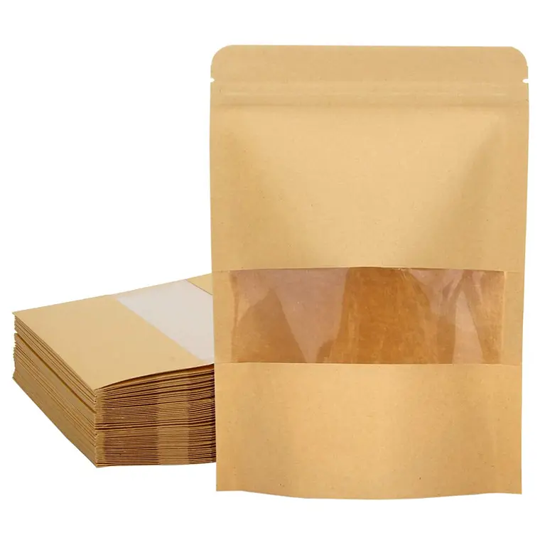50 Bolsas papel Kraft 14x20x4 cm con ventana cierre hermético 2