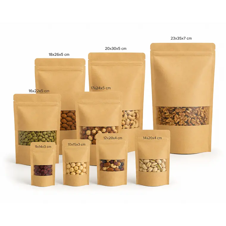 9 Muestras Bolsas Doypack kraft con ventana 2