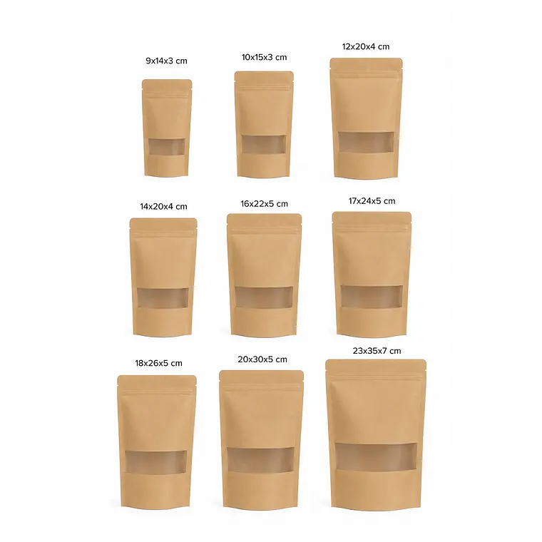 9 Muestras Bolsas Doypack kraft con ventana 1