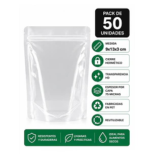 50 Bolsas Doypack 9x13x3 Cm 75 Micras Transparentes 