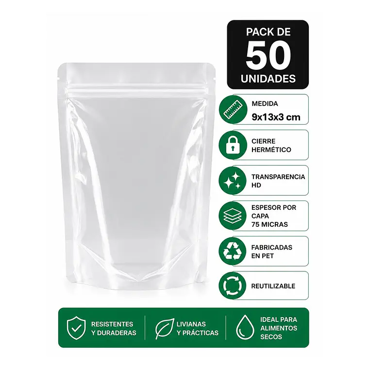 50 Bolsas Doypack 9x13x3 Cm 75 Micras Transparentes  1