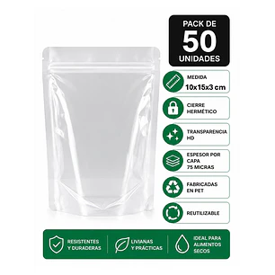 50 Bolsas Doypack 10x15x3 Cm 75 Micras Transparentes 