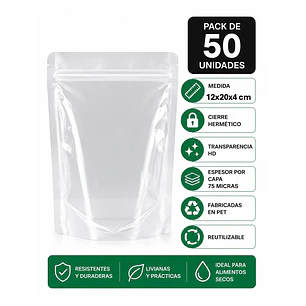 50 Bolsas Doypack 12x20x4 Cm 75 Micras Transparentes 