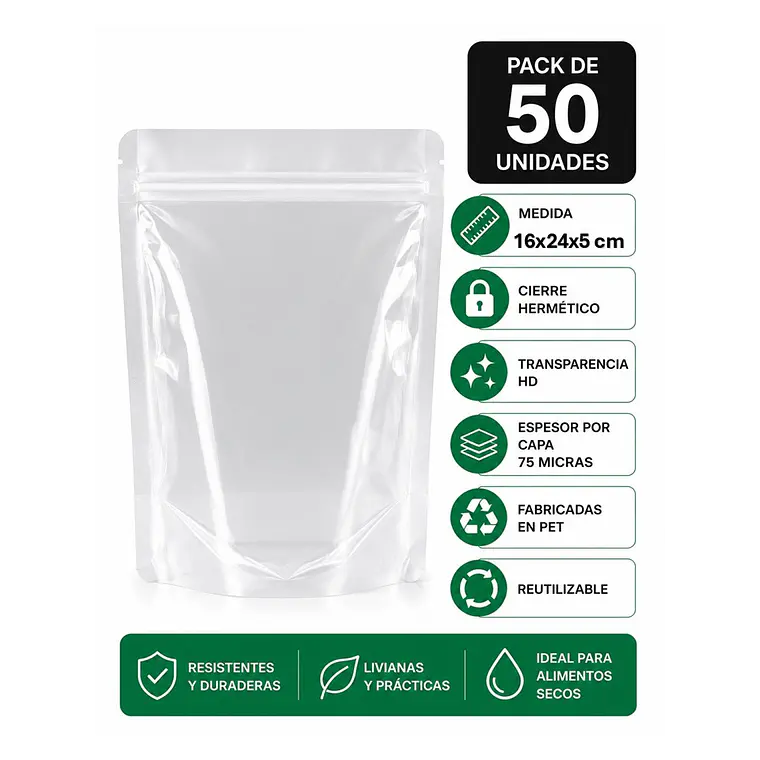 50 Bolsas Doypack 16x24x5 Cm 75 Micras Transparentes  1