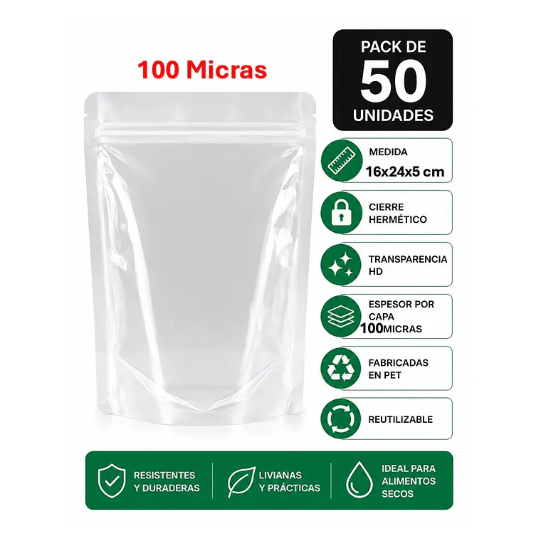 50 Bolsas Doypack 16x24x5 Cm 100 Micras Transparente Cierre Hermético  1