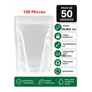 50 Bolsas Doypack 20x30x5 Cm 100 Micras Transparente Cierre Hermético 