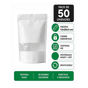 50 Bolsas Kraft 12x20x4 cm Blanco cierre hermético