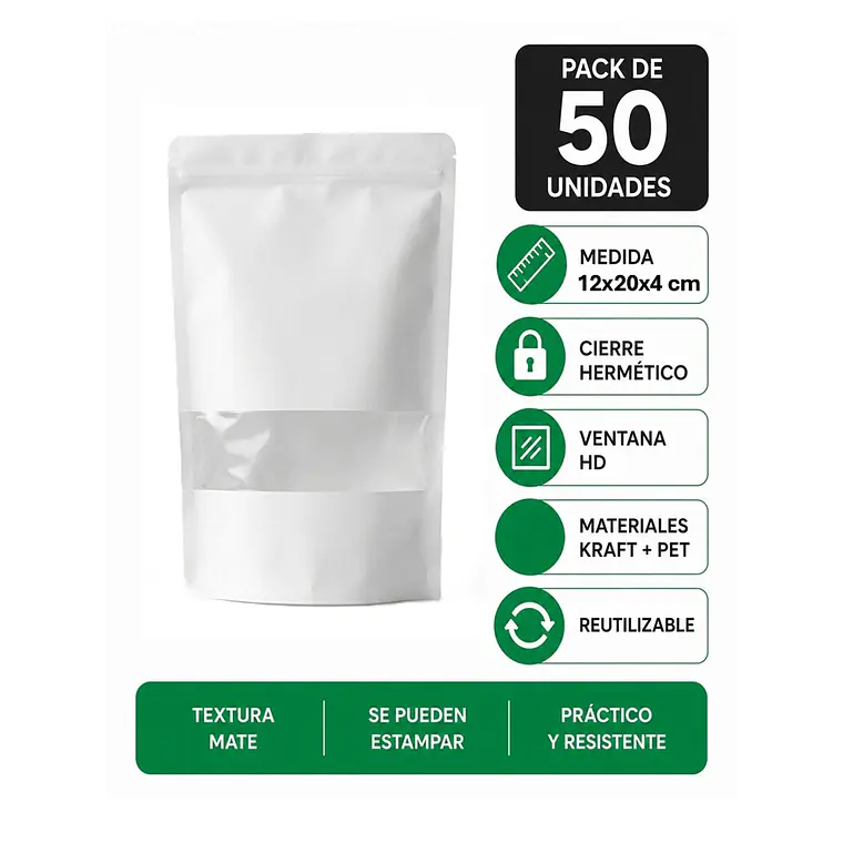 50 Bolsas Kraft 12x20x4 cm Blanco cierre hermético 1