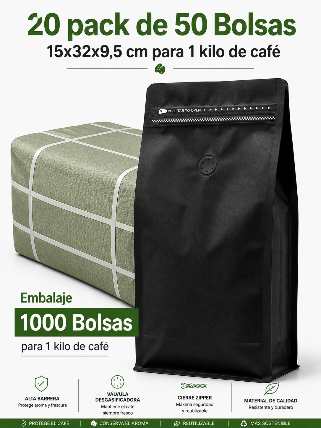 Embalaje 1000 Bolsas Metalizadas color negro 15x32x9,5 cm para 1 Kilo de Café