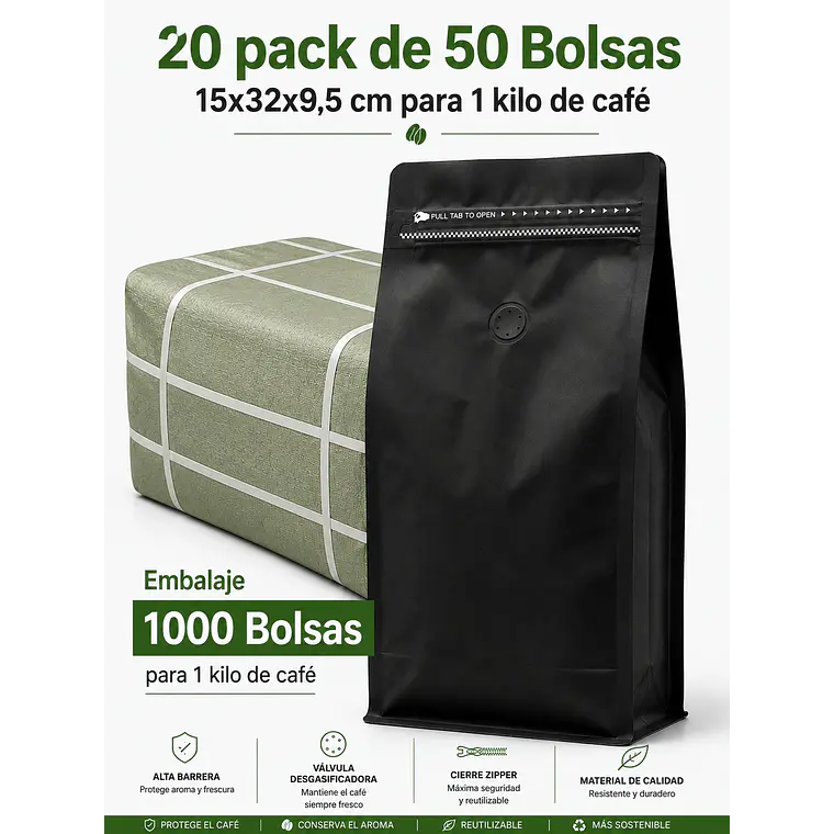 Embalaje 1000 bolsas para 1000 grs de cafe Aluminio Negro 1