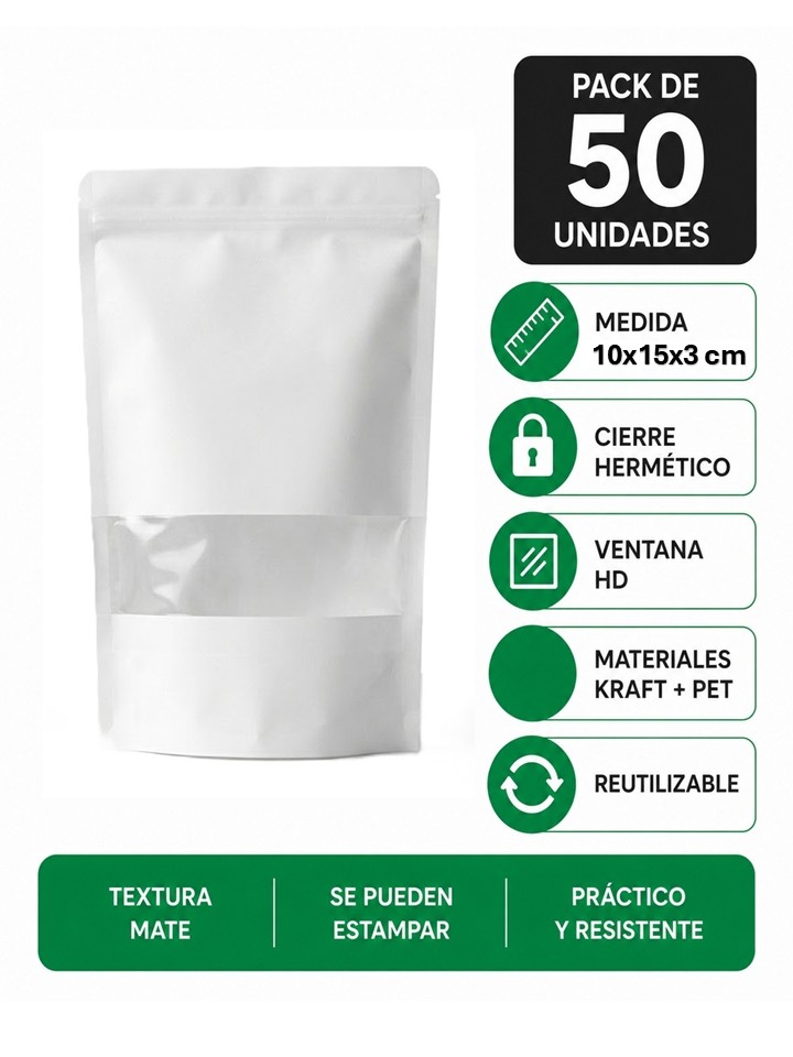 50 Bolsas Kraft Blanco 10x15x3 cm Con ventana Cierre Hermético
