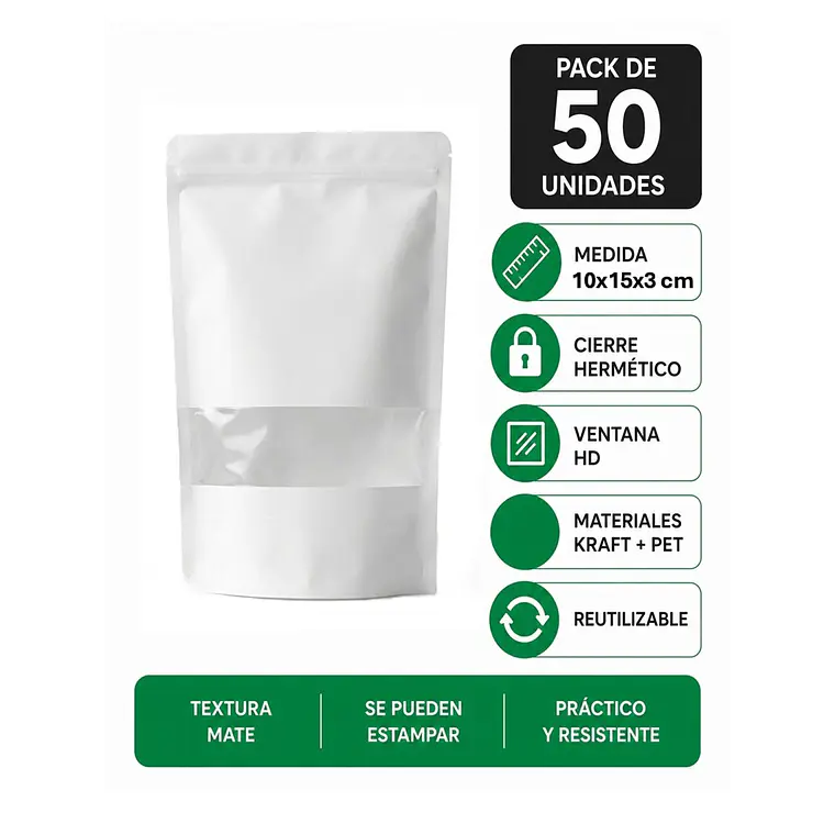 50 Bolsas Kraft Blanco 10x15x3 cm Con ventana Cierre Hermético 1