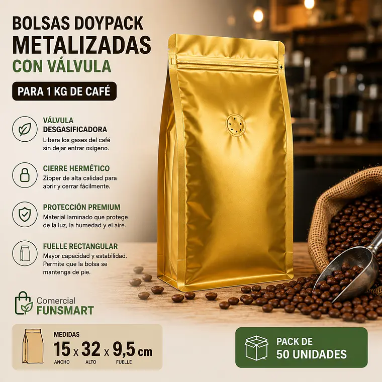 50 Bolsas Doypack 15x32x9,5 cm Metalizadas Doradas con Válvula para 1 Kg de Café 4