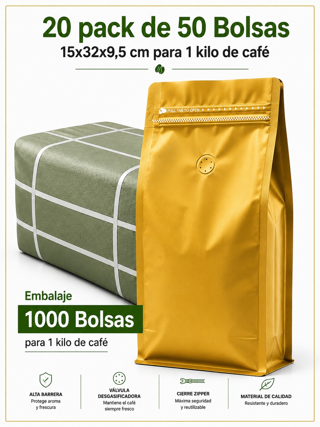 Embalaje 1000 Bolsas Metalizadas Color Dorado 15x32x9,5 cm para 1 Kilo de Café