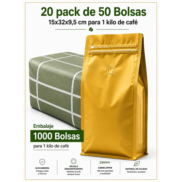 Embalaje 1000 Bolsas Metalizadas Color Dorado 15x32x9,5 cm para 1 Kilo de Café 1