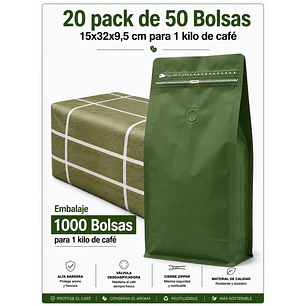 Embalaje 1000 Bolsas Metalizadas Color Verde 15x32x9,5 cm para 1 Kilo de Café