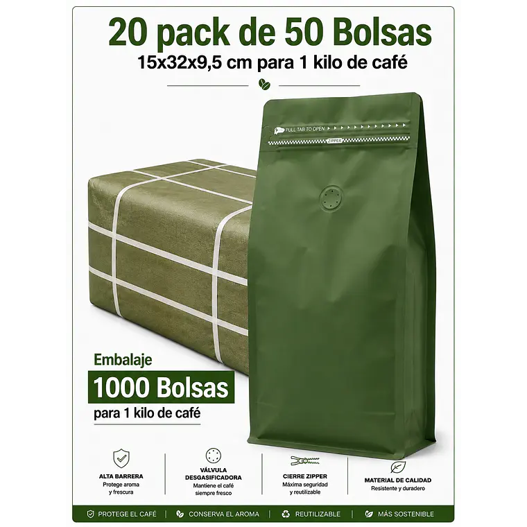 Embalaje 1000 Bolsas Metalizadas Color Verde 15x32x9,5 cm para 1 Kilo de Café 1