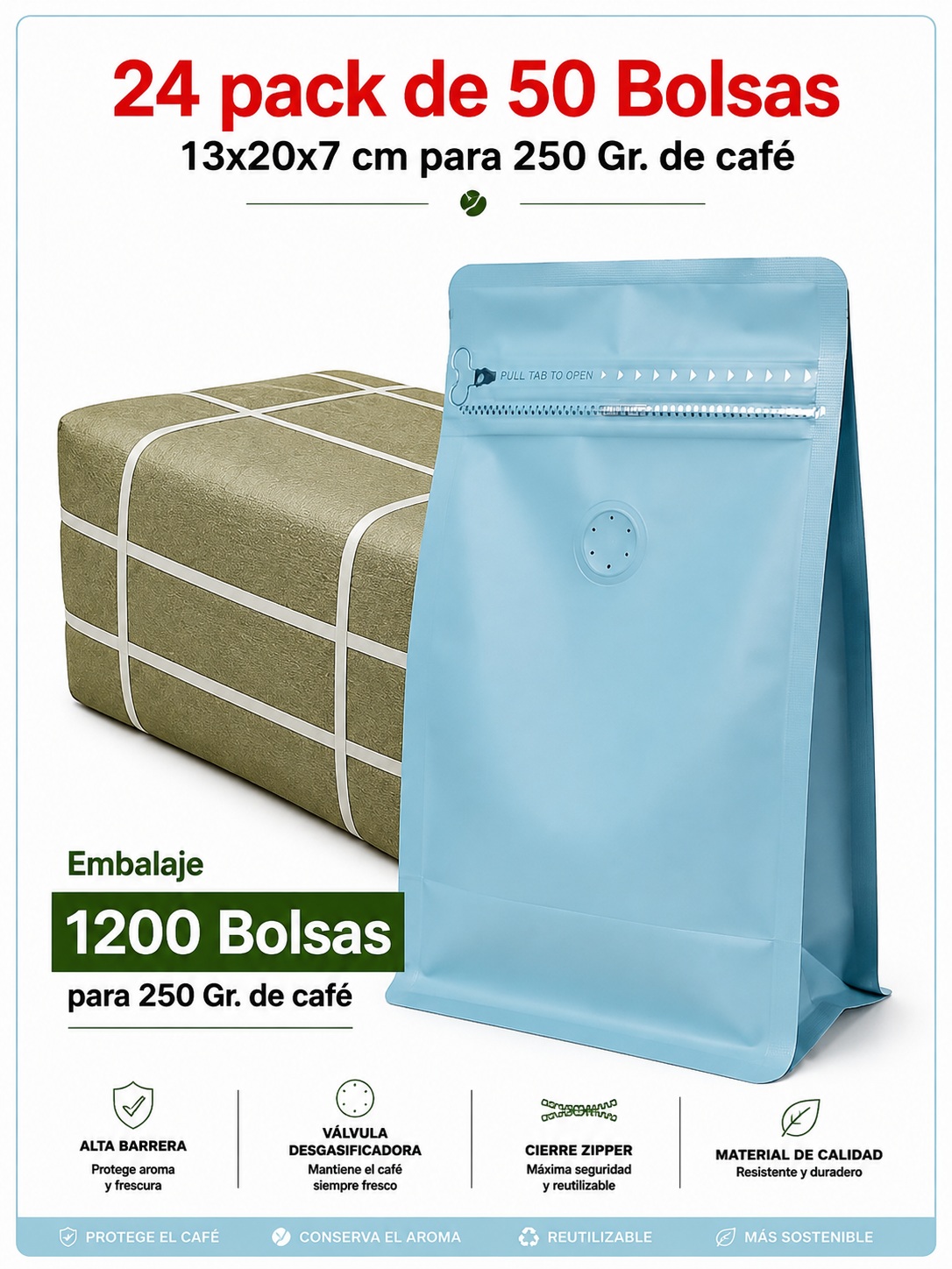 Embalaje 1200 Bolsas Metalizadas Color Celeste 13x20x7 cm para 250 Grs. de Café