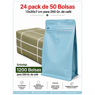 Embalaje 1200 Bolsas Metalizadas Color Celeste 13x20x7 cm para 250 Grs. de Café
