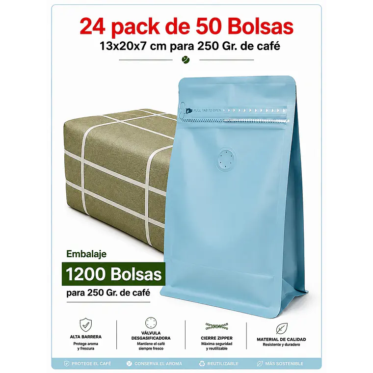 Embalaje 1200 Bolsas Metalizadas Color Celeste 13x20x7 cm para 250 Grs. de Café 1