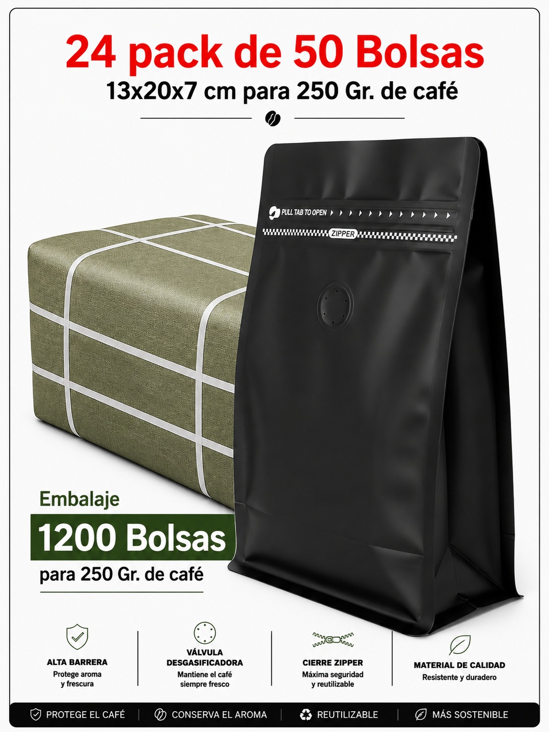 Embalaje 1200 Bolsas Metalizadas Color Negro 13x20x7 cm para 250 Grs. de Café