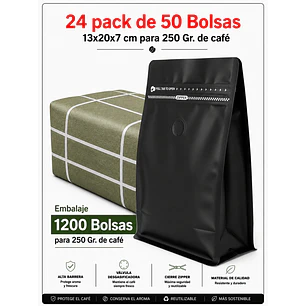 Embalaje 1200 Bolsas Metalizadas Color Negro 13x20x7 cm para 250 Grs. de Café