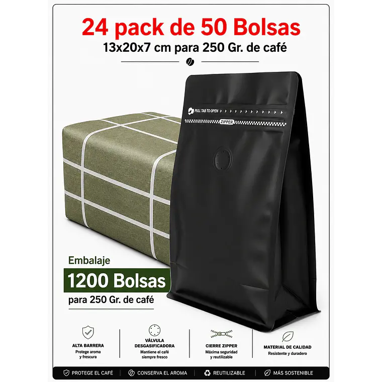 Embalaje 1200 Bolsas Metalizadas Color Negro 13x20x7 cm para 250 Grs. de Café 1