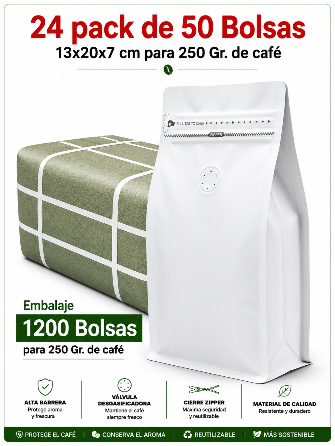 Embalaje 1200 Bolsas Metalizadas Color Blanco 13x20x7 cm para 250 Grs. de Café