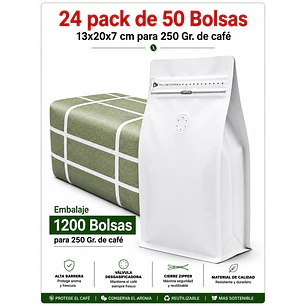 Embalaje 1200 Bolsas Metalizadas Color Blanco 13x20x7 cm para 250 Grs. de Café