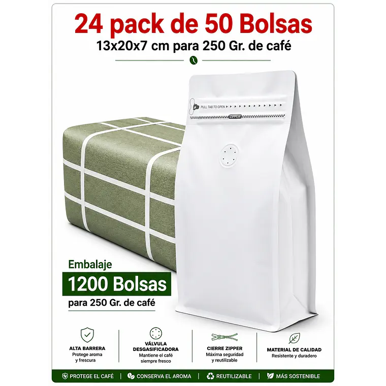 Embalaje 1200 Bolsas Metalizadas Color Blanco 13x20x7 cm para 250 Grs. de Café 1