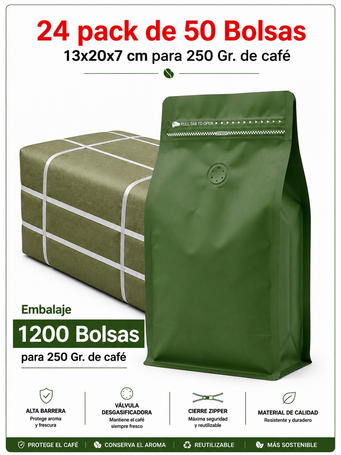 Embalaje 1200 Bolsas Metalizadas Color Verde 13x20x7 cm para 250 Grs. de Café