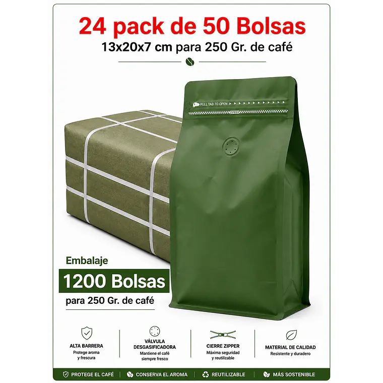 Embalaje 1200 Bolsas Metalizadas Color Verde 13x20x7 cm para 250 Grs. de Café 1