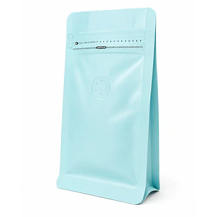 50 Bolsas Doypack 9x18x5 cm Metalizadas Color Celeste con Válvula para 125 Grs. de Café