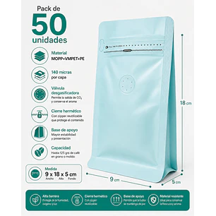 50 Bolsas Doypack 9x18x5 cm Metalizadas Color Celeste con Válvula para 125 Grs. de Café
