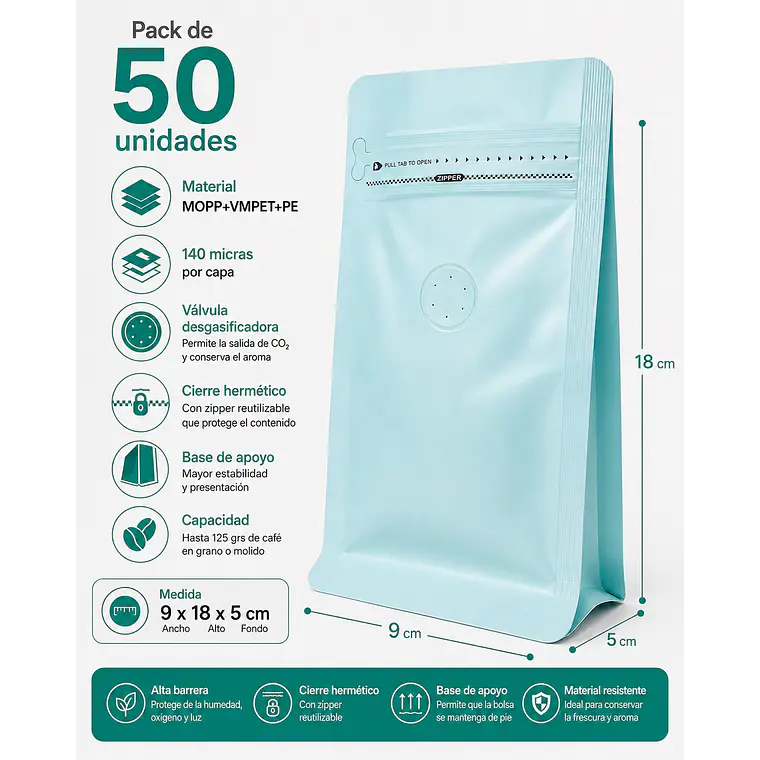 50 Bolsas Doypack 9x18x5 cm Metalizadas Color Celeste con Válvula para 125 Grs. de Café 1