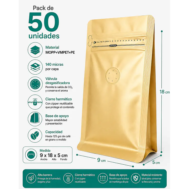 50 Bolsas Doypack 9x18x5 cm Metalizadas color Dorado con Válvula para 125 Grs. de Café 1