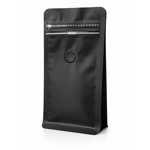 50 Bolsas Doypack 9x18x5 cm Metalizadas color negro con Válvula para 125 Grs. de Café
