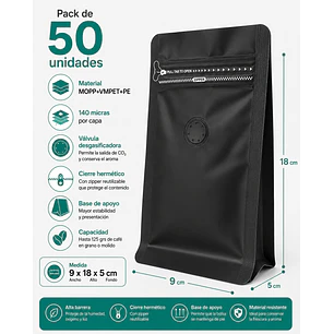 50 Bolsas Doypack 9x18x5 cm Metalizadas color negro con Válvula para 125 Grs. de Café