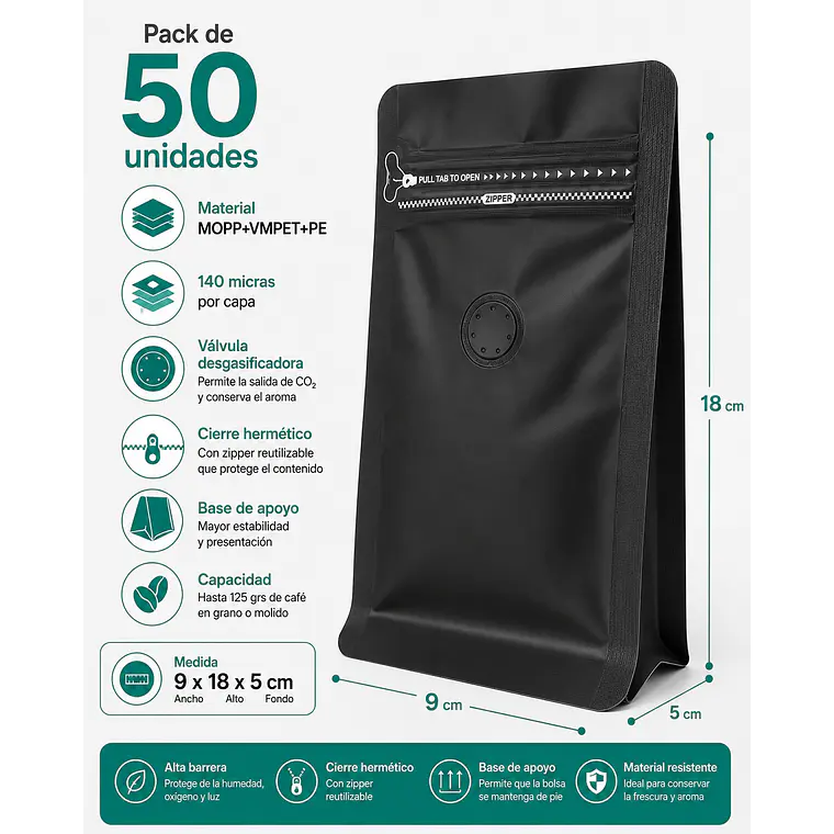 50 Bolsas Doypack 9x18x5 cm Metalizadas color negro con Válvula para 125 Grs. de Café 1