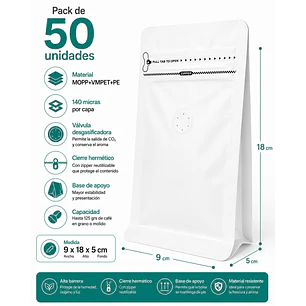 50 Bolsas Doypack 9x18x5 cm Metalizadas color blanco con Válvula para 125 Grs. de Café