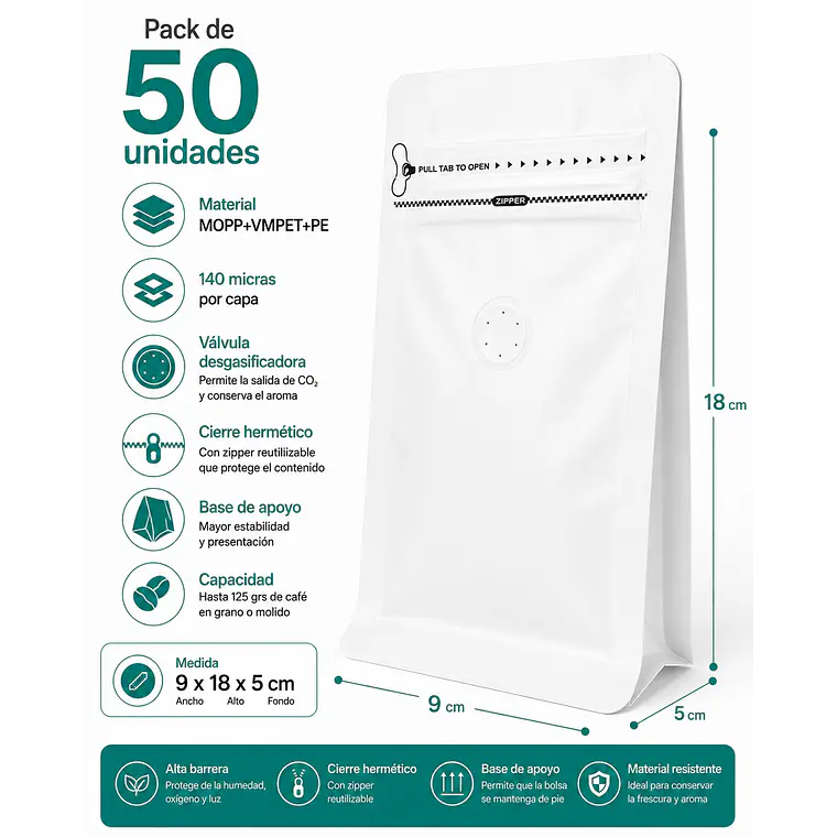 50 Bolsas Doypack 9x18x5 cm Metalizadas color blanco con Válvula para 125 Grs. de Café 1