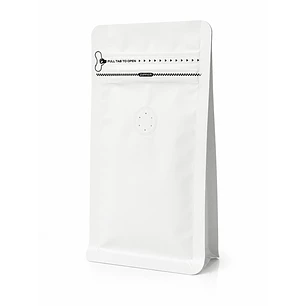 50 Bolsas Doypack 9x18x5 cm Metalizadas color blanco con Válvula para 125 Grs. de Café